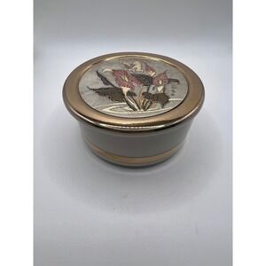 The Art Of Chokin Jewelry Trinket Dish With Lid 24K Gold Trim Butterfly Lillies